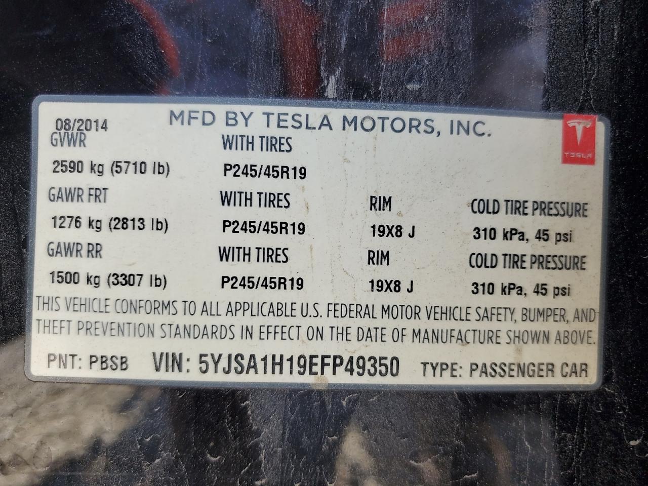 2014 Tesla Model S VIN: 5YJSA1H19EFP49350 Lot: 63087665