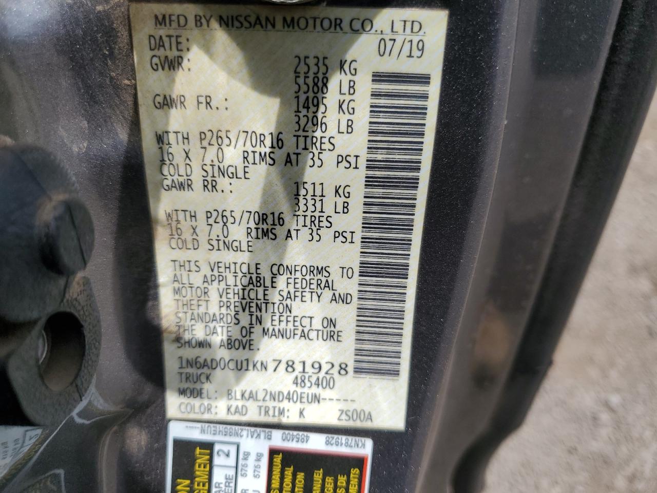 1N6AD0CU1KN781928 NISSAN FRONTIER 2019
