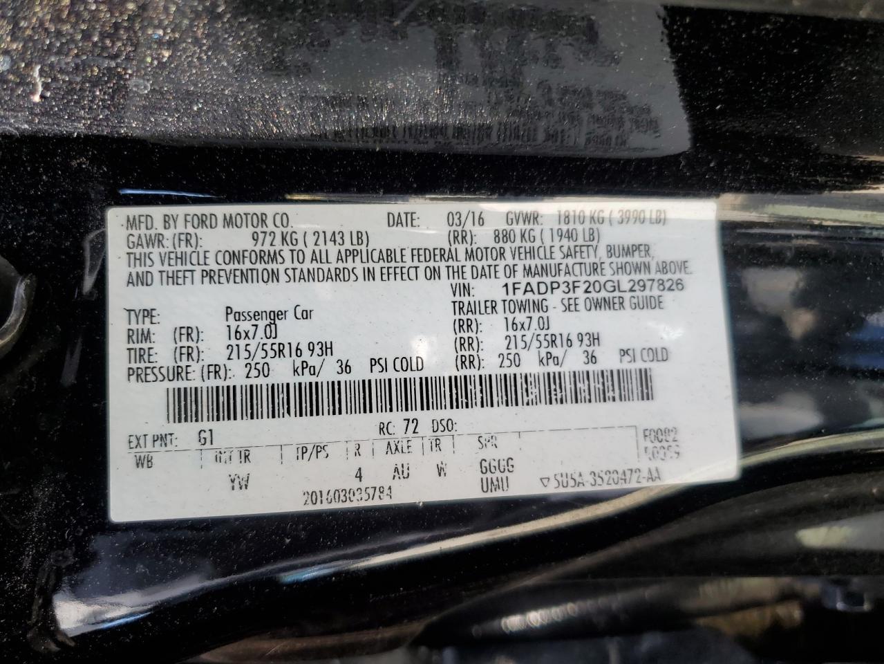 1FADP3F20GL297826 FORD FOCUS 2016