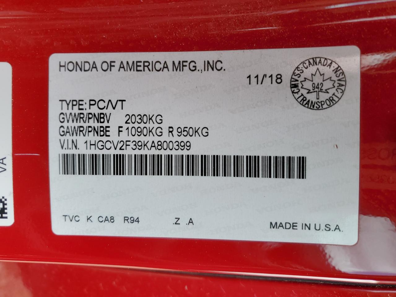 1HGCV2F39KA800399 HONDA ACCORD 2019