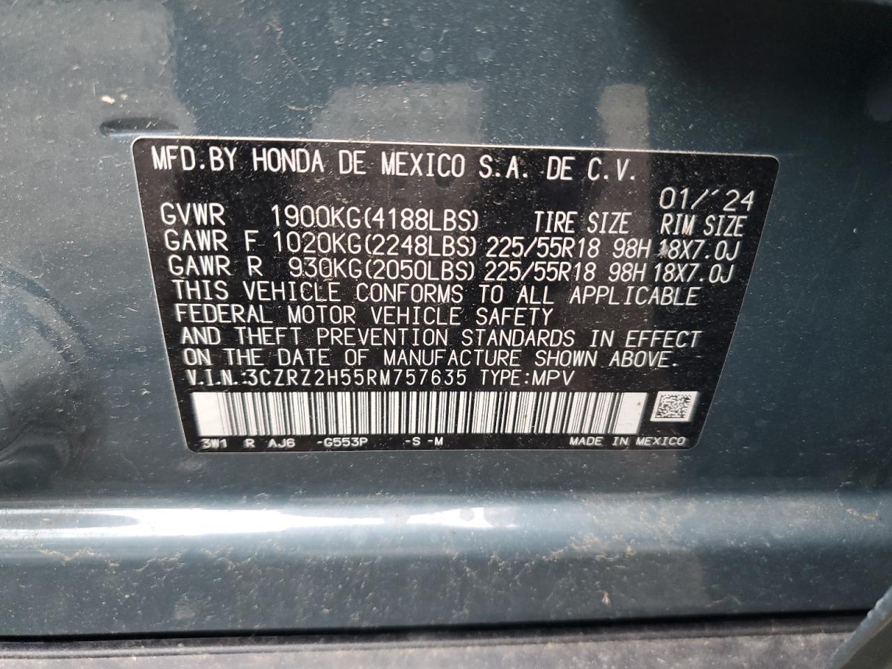HONDA HR-V 2024 VIN 3CZRZ2H55RM757635 zdjęcie 13