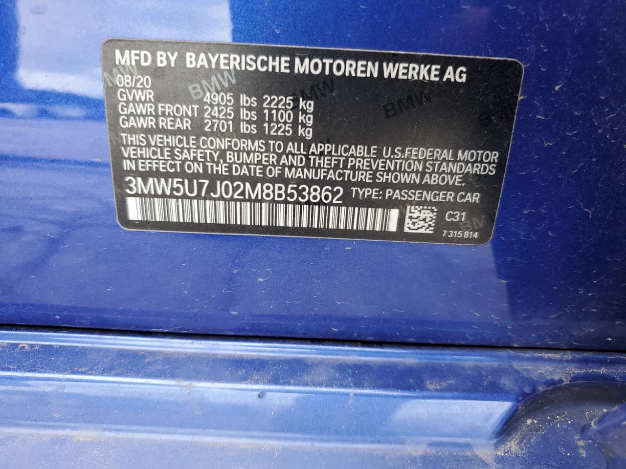 2021 BMW M340I VIN: 3MW5U7J02M8B53862 Lot: 61327525