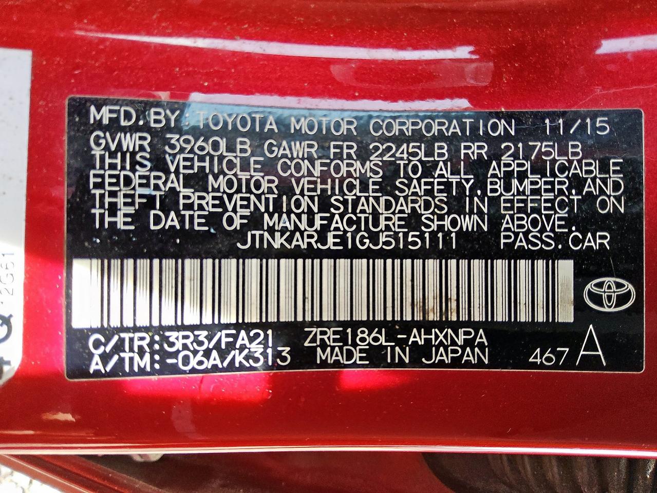 JTNKARJE1GJ515111 TOYOTA SCION 2016
