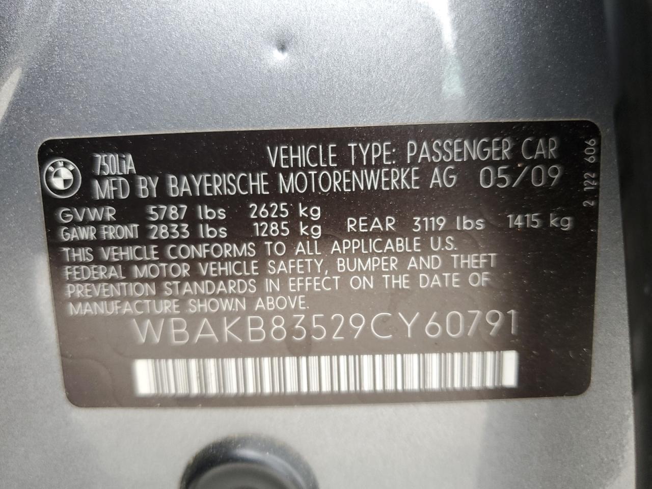 2009 BMW 750 Li VIN: WBAKB83529CY60791 Lot: 59933575