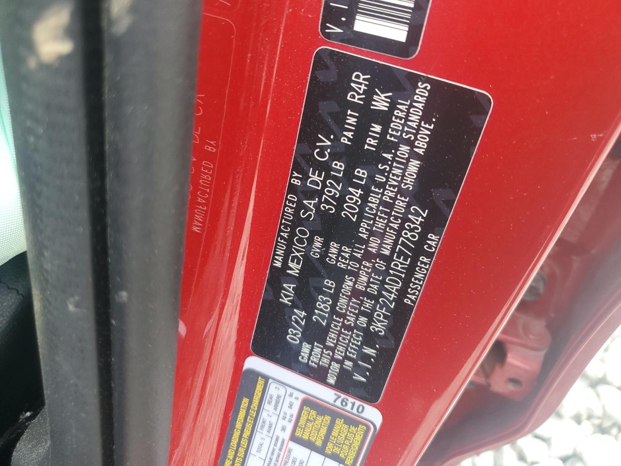 2024 Kia Forte Lx VIN: 3KPF24AD1RE778342 Lot: 60828265