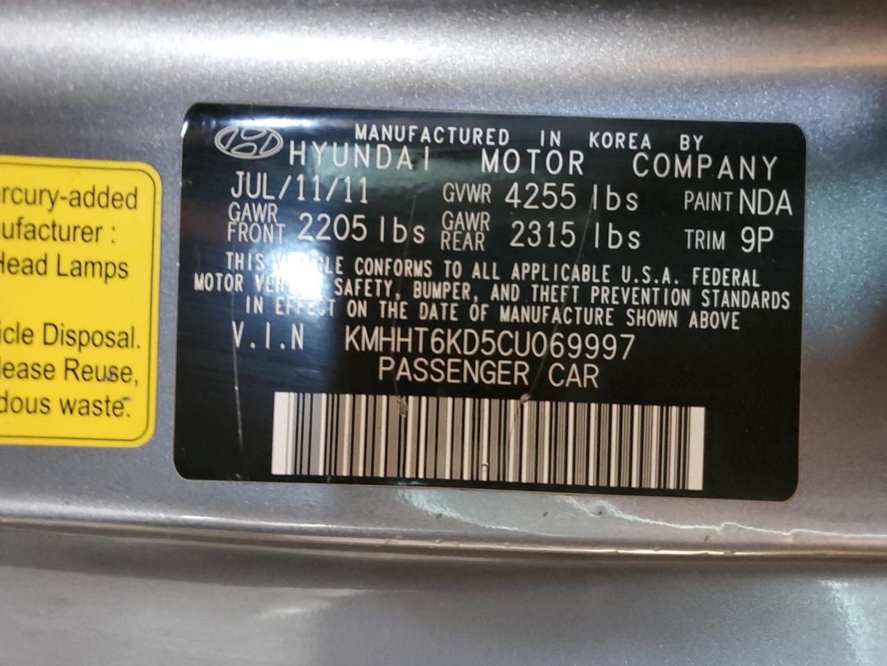 2012 Hyundai Genesis Coupe 2.0T VIN: KMHHT6KD5CU069997 Lot: 62476295