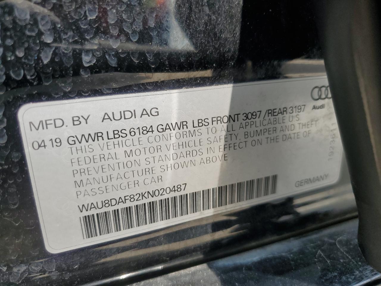 2019 Audi A8 L VIN: WAU8DAF82KN020487 Lot: 60214005