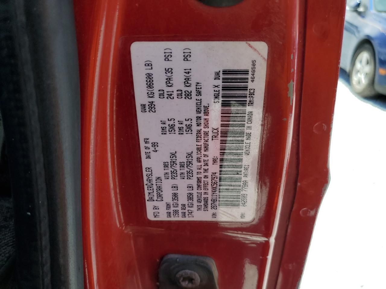 1999 Dodge Ram Van B1500 VIN: 2B7HB11Y4XK567974 Lot: 62877375