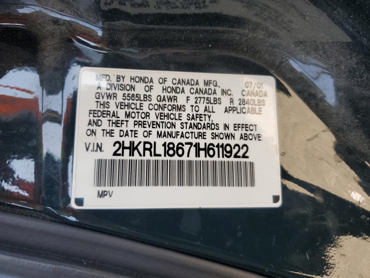 2001 Honda Odyssey Ex VIN: 2HKRL18671H611922 Lot: 61768255