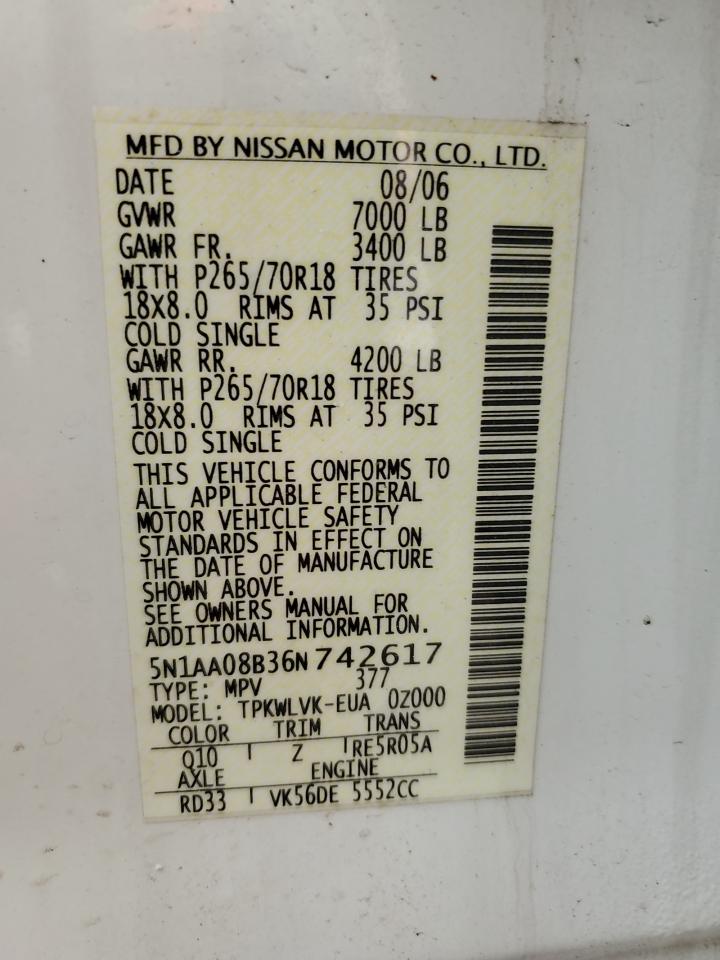 2006 Nissan Armada Se VIN: 5N1AA08B36N742617 Lot: 59317895