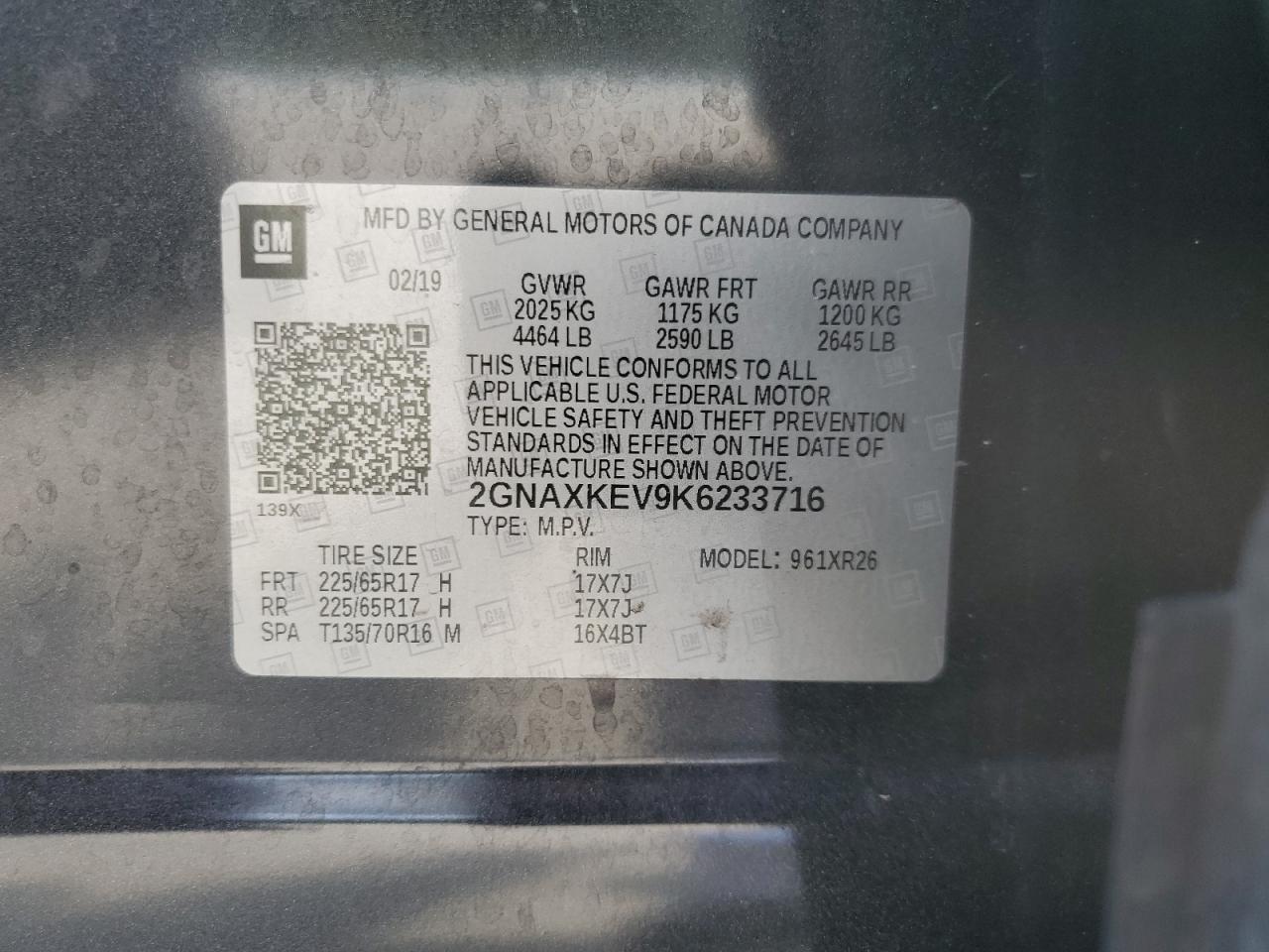 2GNAXKEV9K6233716 CHEVROLET EQUINOX 2019