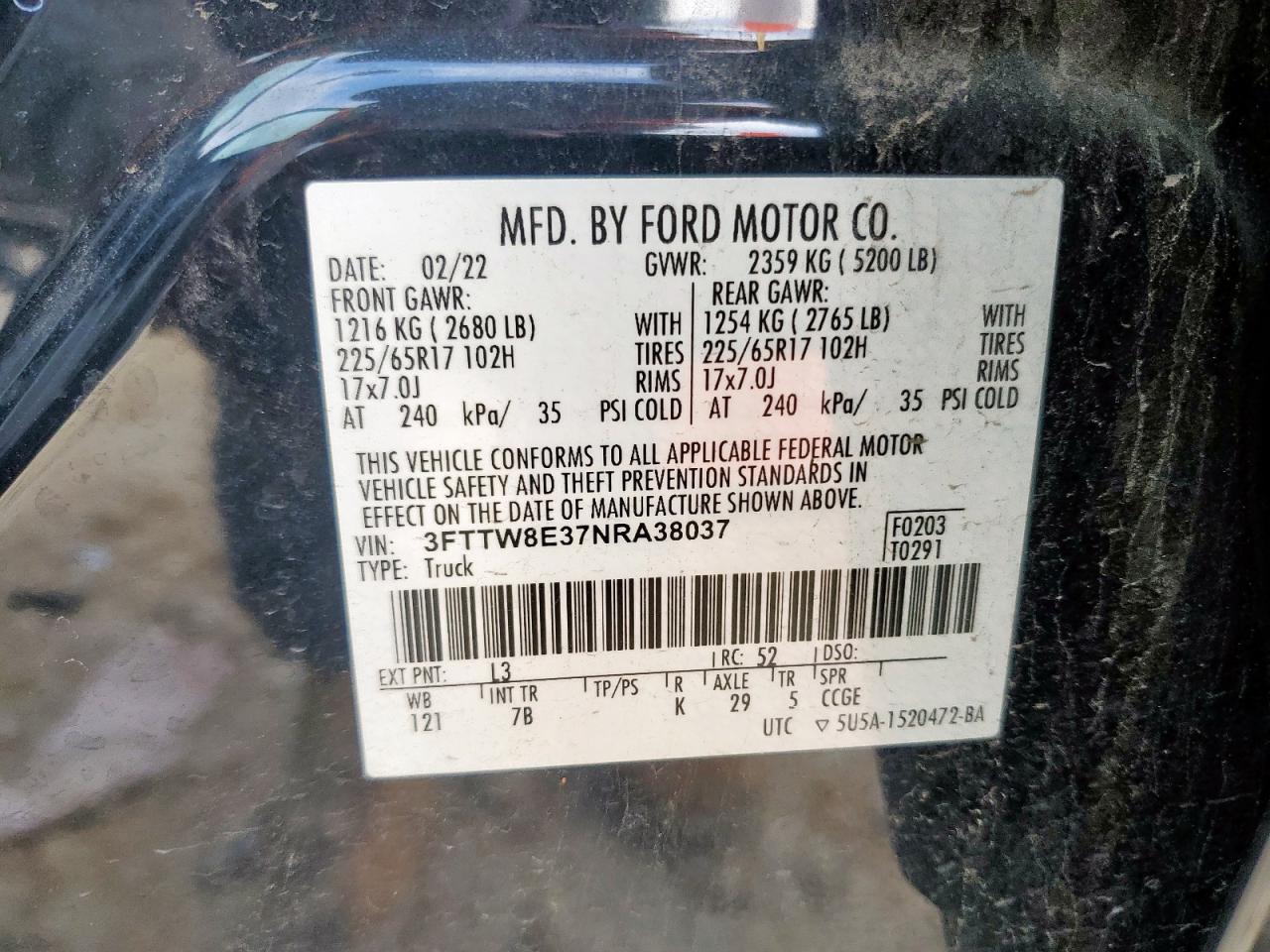 2022 Ford Maverick Xl VIN: 3FTTW8E37NRA38037 Lot: 62199605