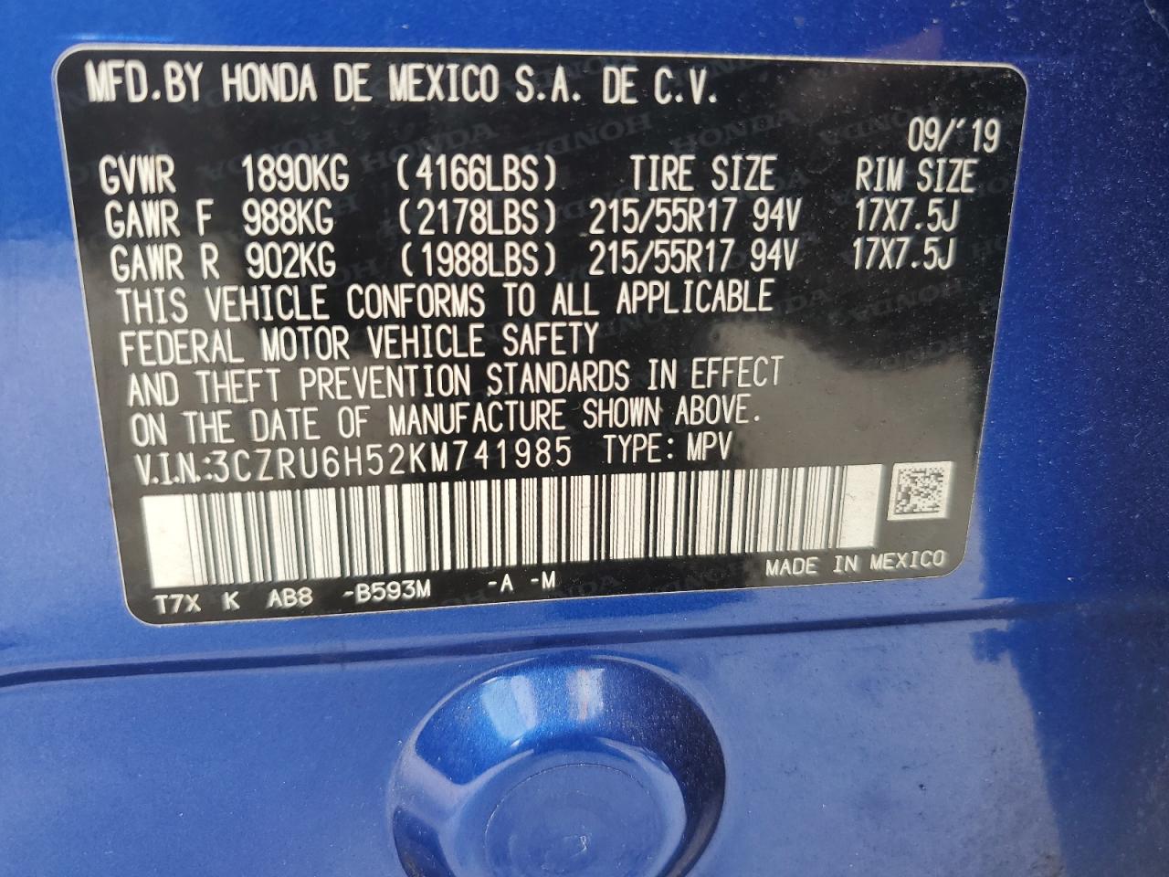 3CZRU6H52KM741985 HONDA HR-V 2019