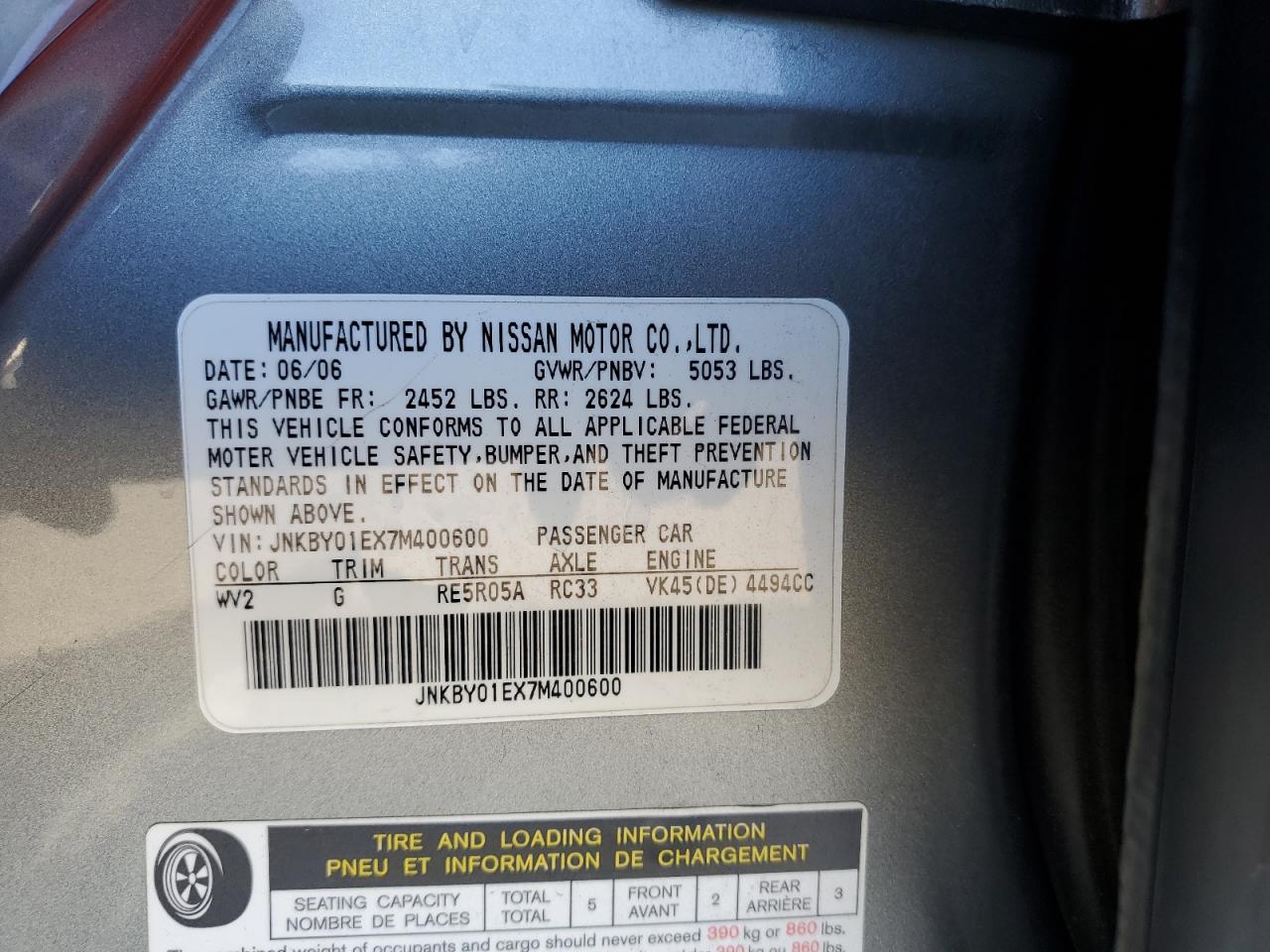 2007 Infiniti M45 Base VIN: JNKBY01EX7M400600 Lot: 61271575