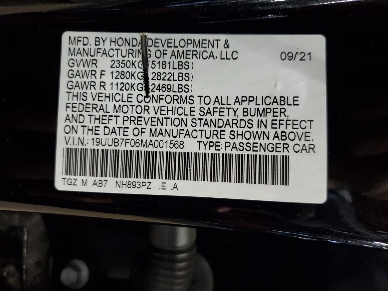 2021 Acura Tlx Type S VIN: 19UUB7F06MA001568 Lot: 61947715