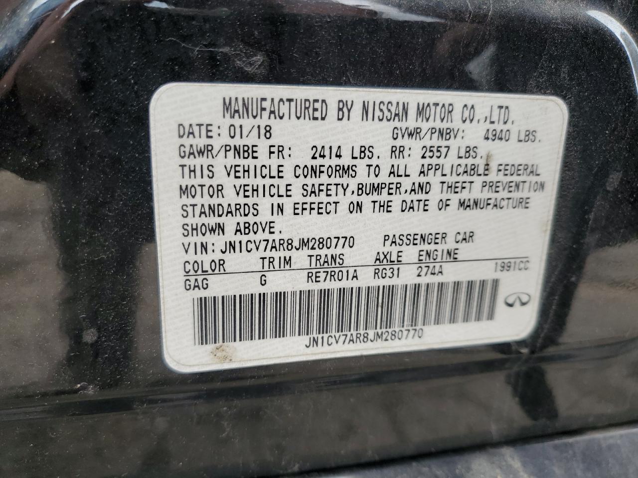 2018 Infiniti Q50 Pure VIN: JN1CV7AR8JM280770 Lot: 60345315