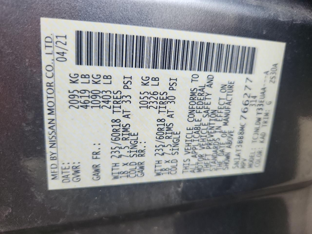 5N1AT3BB8MC766277 NISSAN ROGUE 2021
