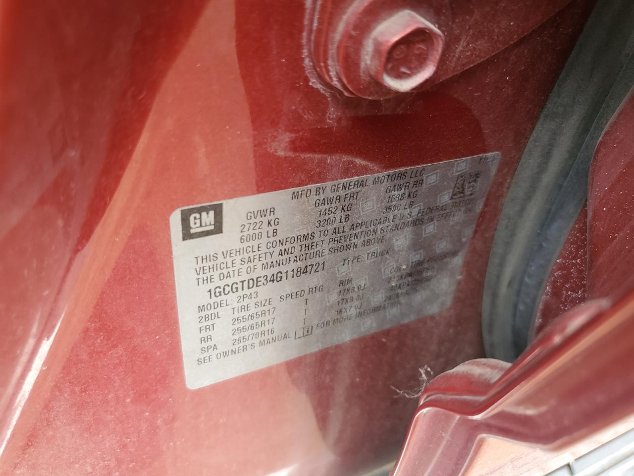 1GCGTDE34G1184721 CHEVROLET COLORADO 2016
