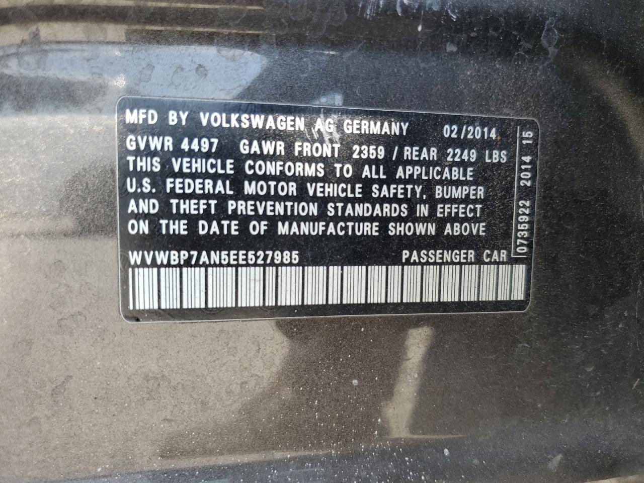 2014 Volkswagen Cc Sport VIN: WVWBP7AN5EE527985 Lot: 60568595