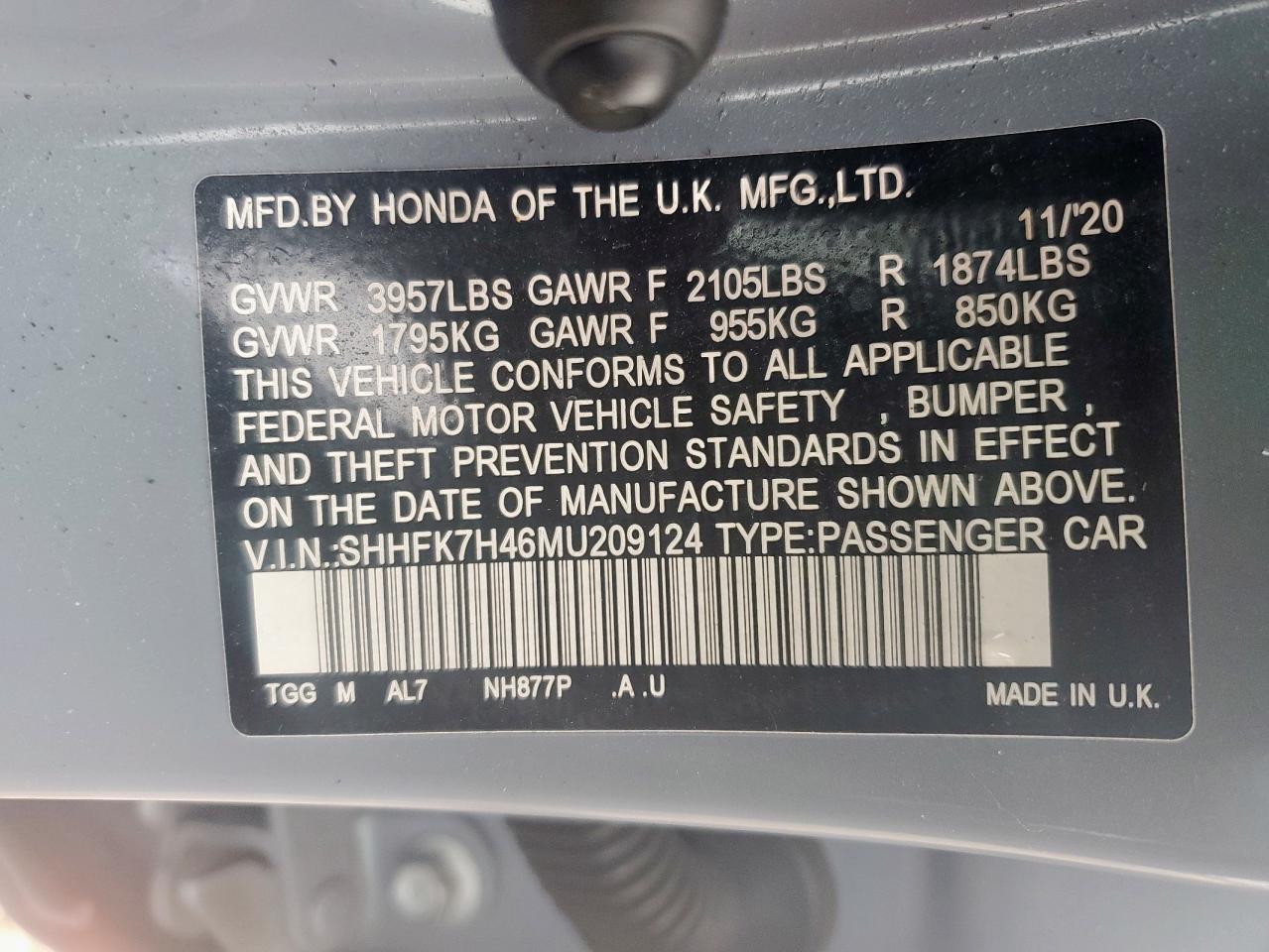 SHHFK7H46MU209124 HONDA CIVIC 2021