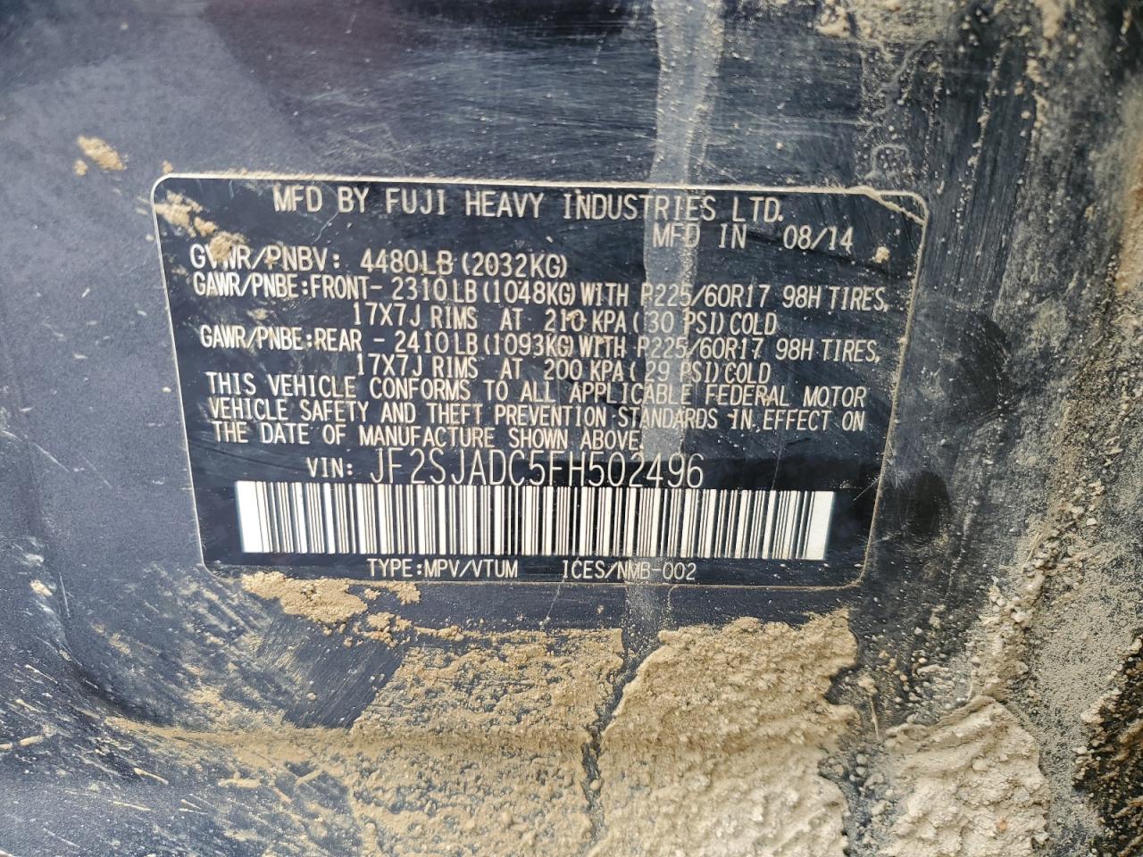 2015 Subaru Forester 2.5I Premium VIN: JF2SJADC5FH502496 Lot: 61224505