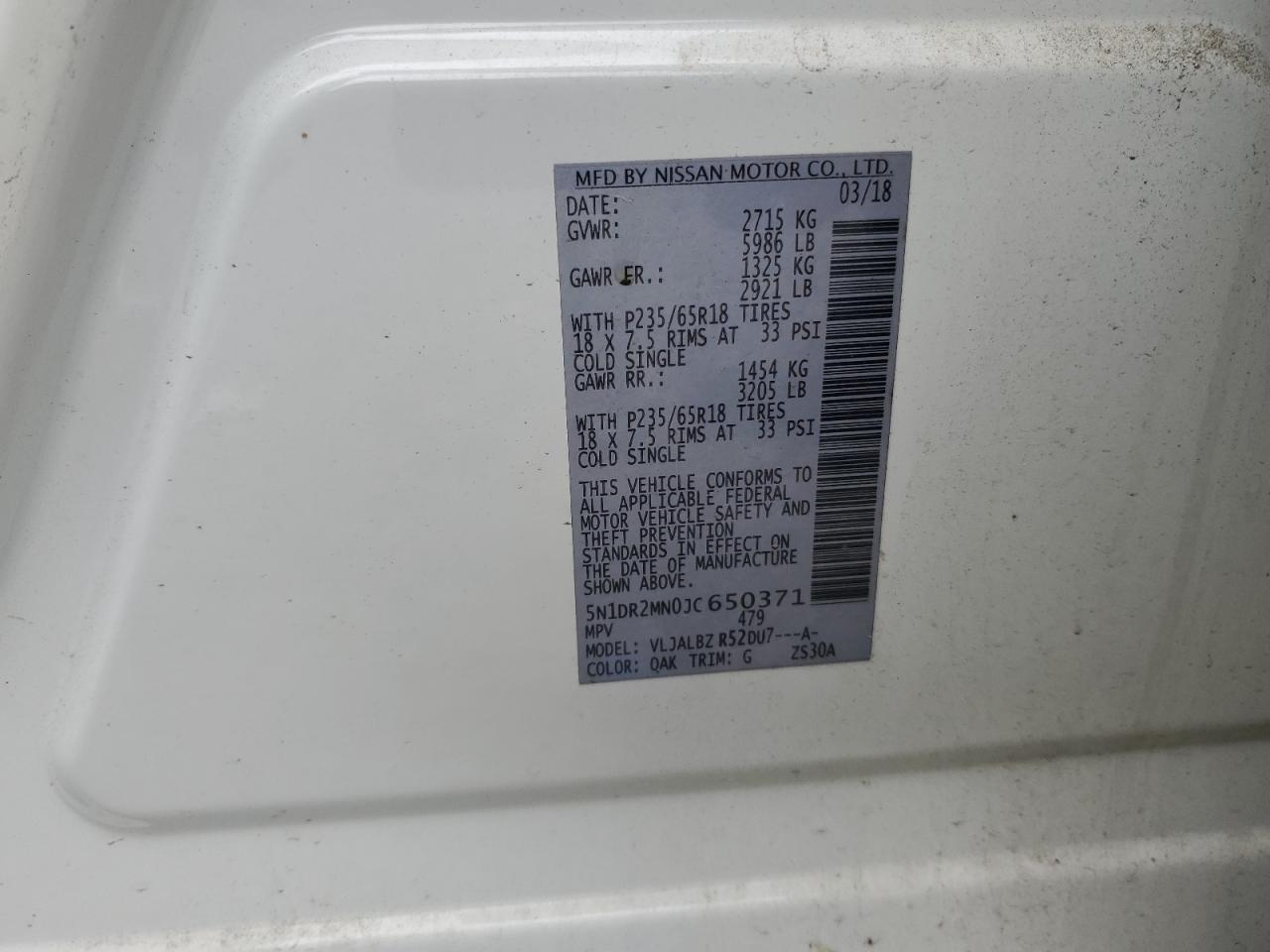 2018 Nissan Pathfinder S VIN: 5N1DR2MN0JC650371 Lot: 61828215
