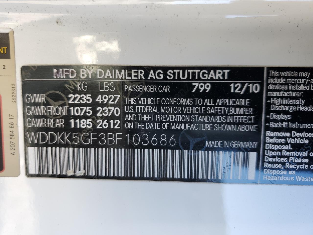 2011 Mercedes-Benz E 350 VIN: WDDKK5GF3BF103686 Lot: 62964885