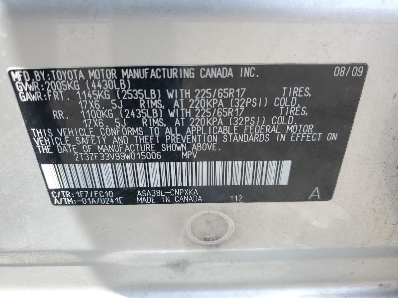 2009 Toyota Rav4 VIN: 2T3ZF33V99W015006 Lot: 62892795