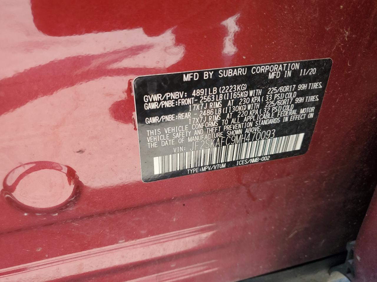 2021 Subaru Forester Premium VIN: JF2SKAFC9MH470093 Lot: 62142045