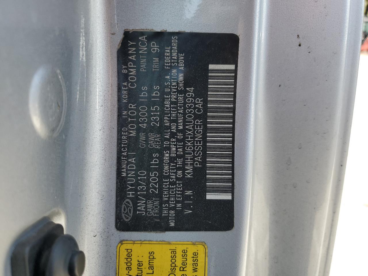 2010 Hyundai Genesis Coupe 3.8L VIN: KMHHU6KHXAU033994 Lot: 60257285