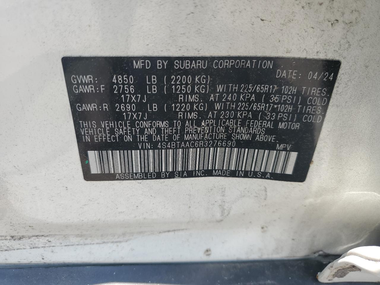 2024 Subaru Outback VIN: 4S4BTAAC6R3276690 Lot: 60663965