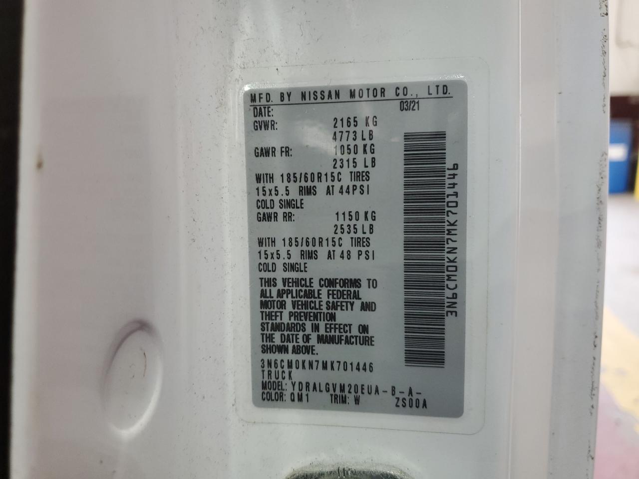 2021 Nissan Nv200 2.5S VIN: 3N6CM0KN7MK701446 Lot: 60884585