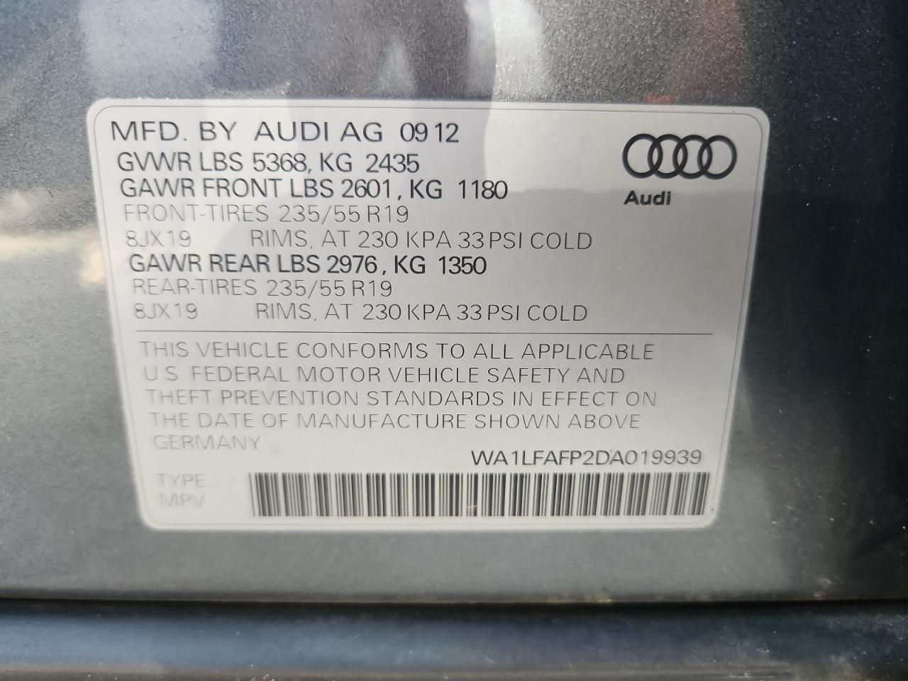 2013 Audi Q5 Premium Plus VIN: WA1LFAFP2DA019939 Lot: 60431445
