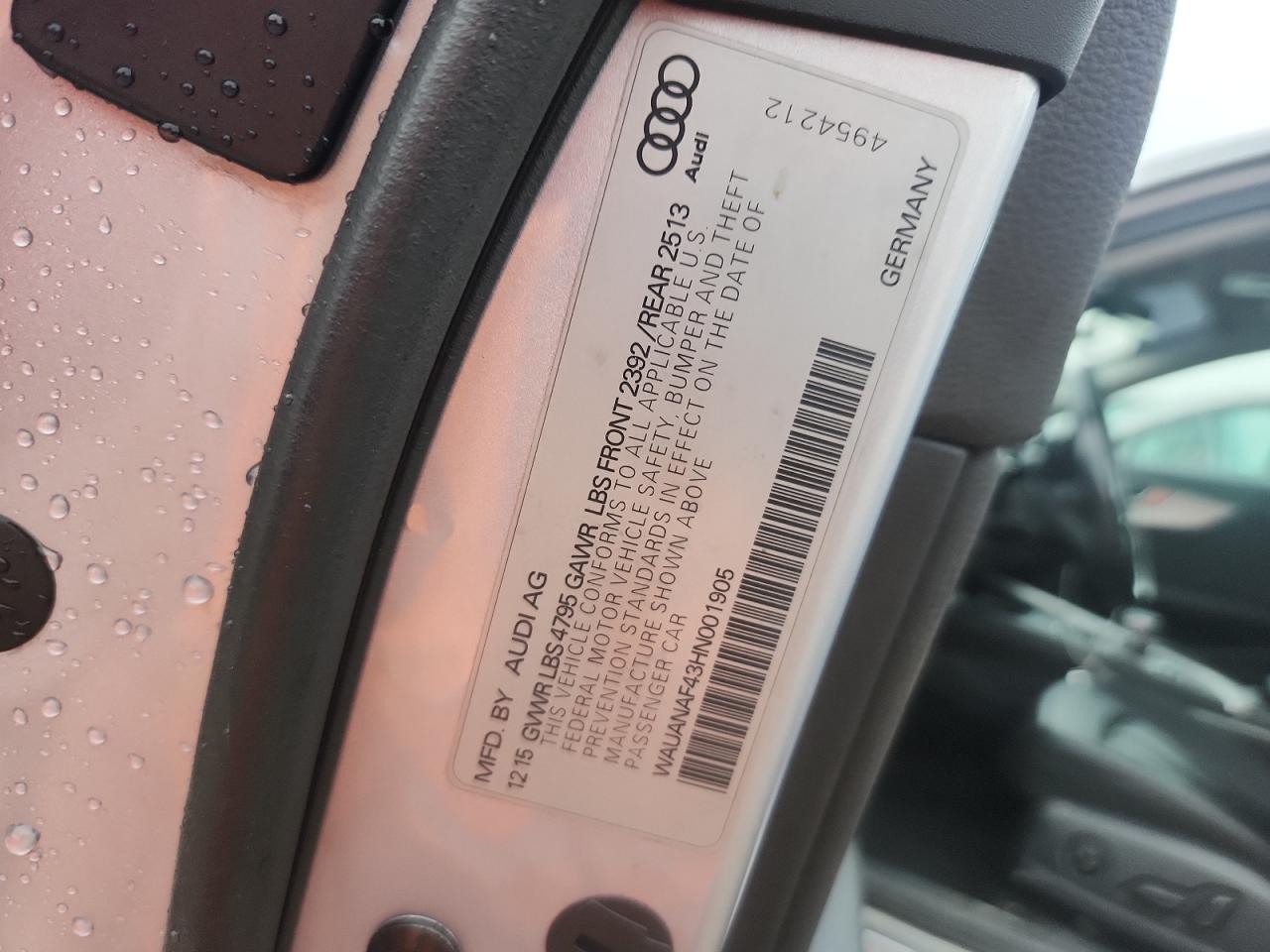 2017 Audi A4 Premium VIN: WAUANAF43HN001905 Lot: 60504485