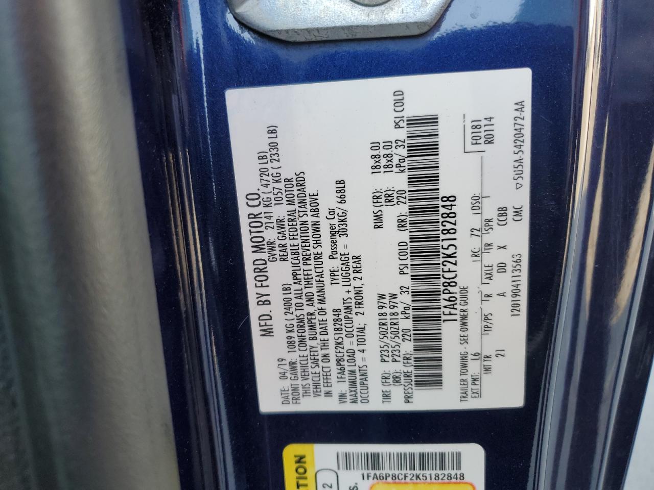 1FA6P8CF2K5182848 FORD MUSTANG 2019