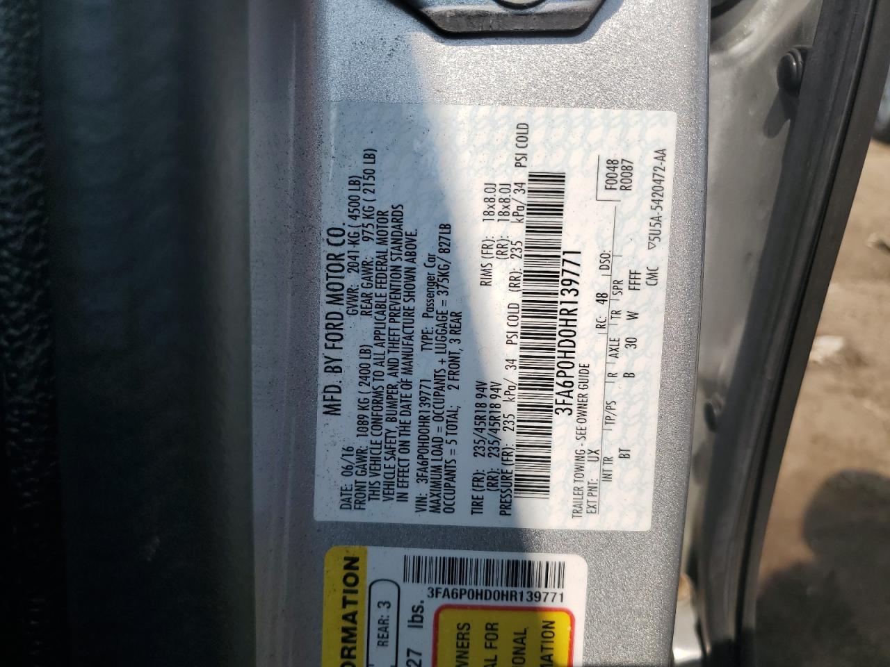 3FA6P0HD0HR139771 FORD FUSION 2017