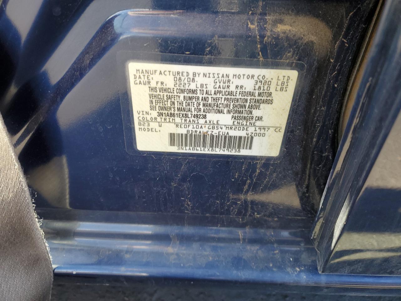 2008 Nissan Sentra 2.0 VIN: 3N1AB61EX8L749238 Lot: 62917725