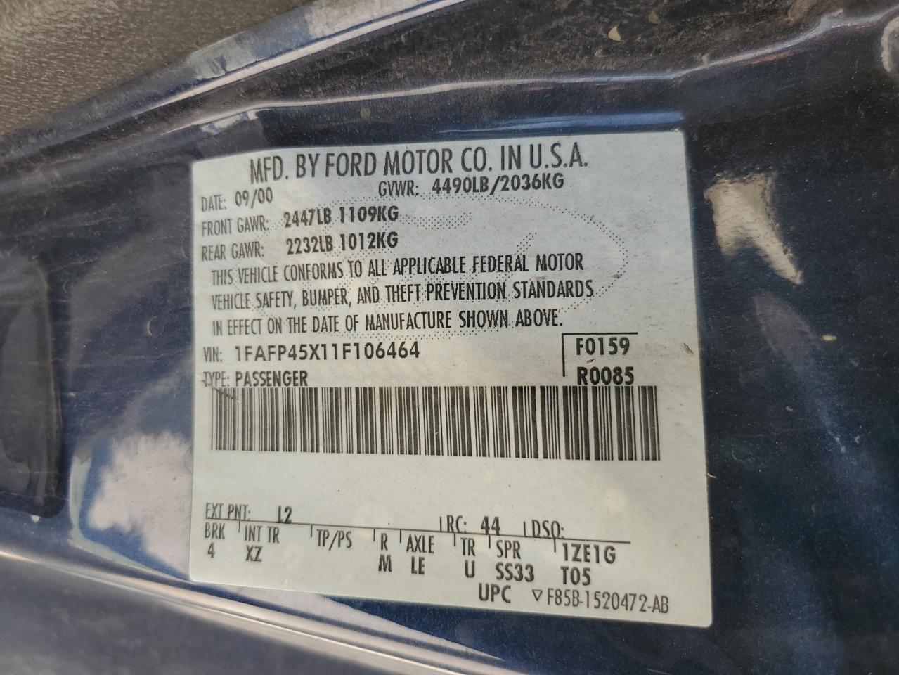 2001 Ford Mustang Gt VIN: 1FAFP45X11F106464 Lot: 61309725