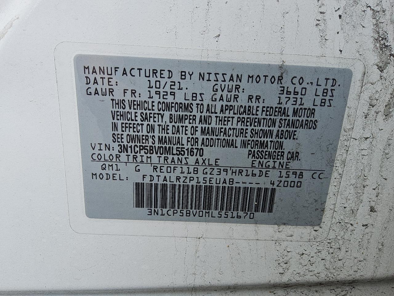 2021 Nissan Kicks S VIN: 3N1CP5BV0ML551670 Lot: 61054085