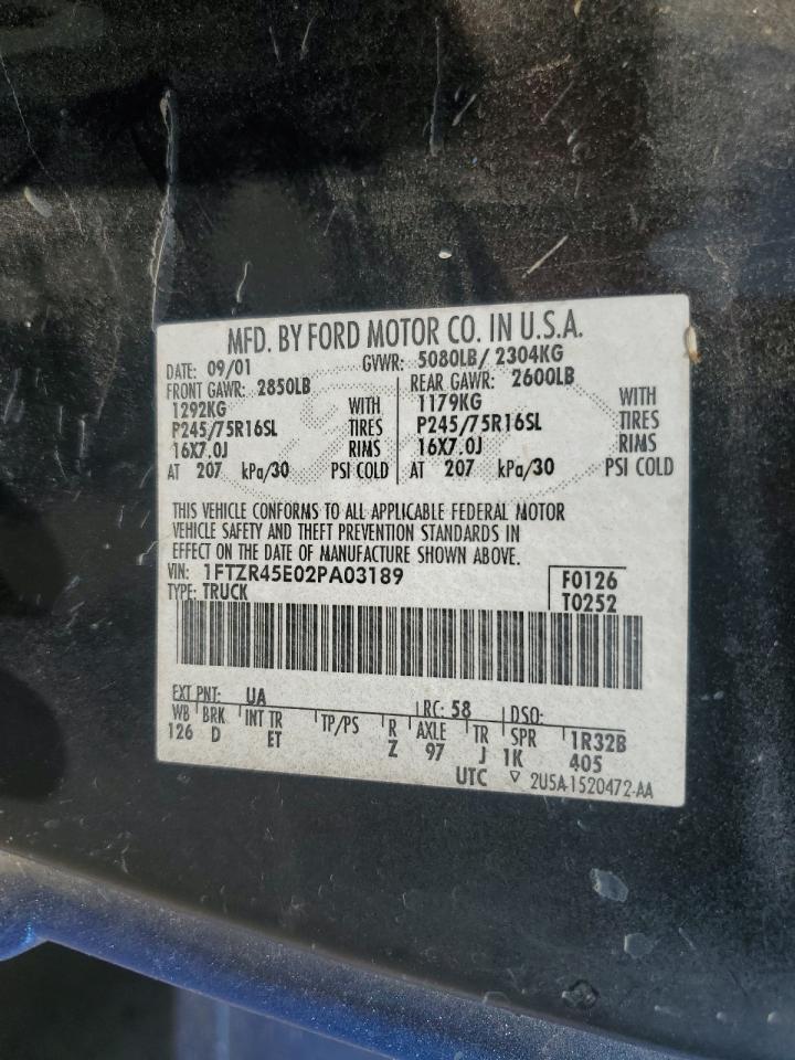 2002 Ford Ranger Super Cab VIN: 1FTZR45E02PA03189 Lot: 62084065