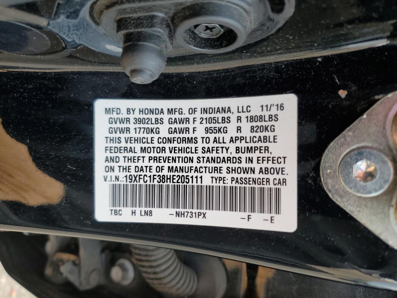 19XFC1F38HE205111 HONDA CIVIC 2017