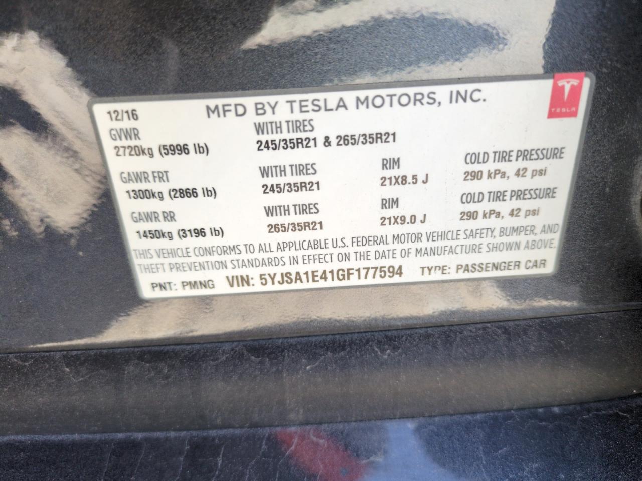 2016 Tesla Model S VIN: 5YJSA1E41GF177594 Lot: 59380395