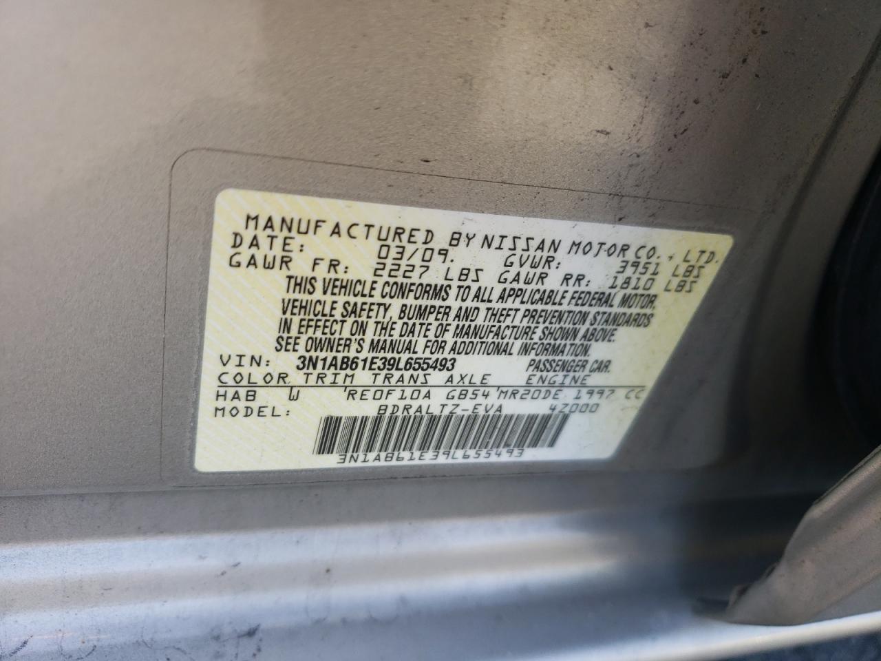 2009 Nissan Sentra 2.0 VIN: 3N1AB61E39L655493 Lot: 61901395