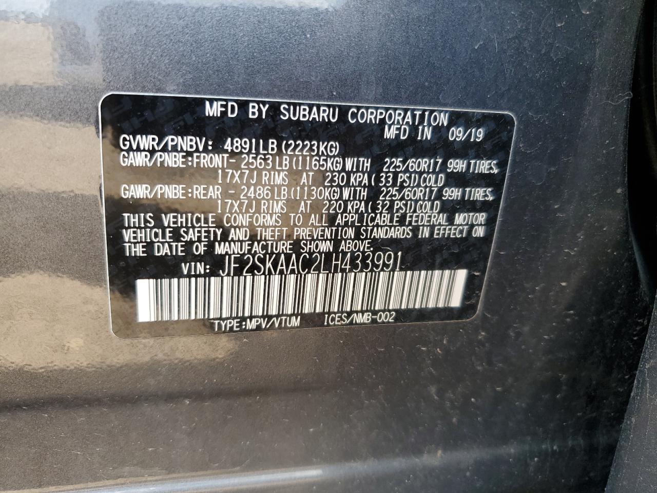 2020 Subaru Forester VIN: JF2SKAAC2LH433991 Lot: 62395215