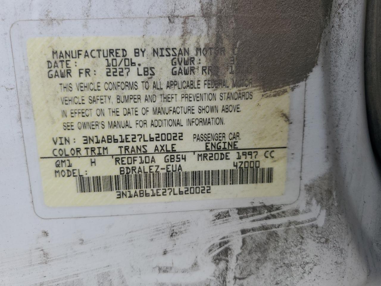 2007 Nissan Sentra 2.0 VIN: 3N1AB61E27L620022 Lot: 62133085