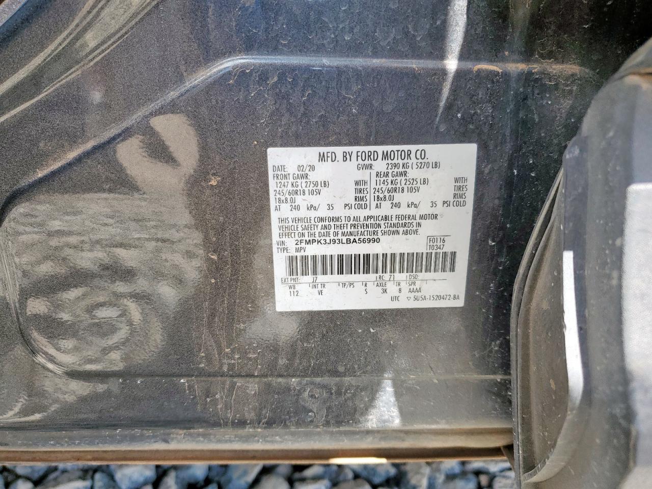2020 Ford Edge Sel VIN: 2FMPK3J93LBA56990 Lot: 62761645