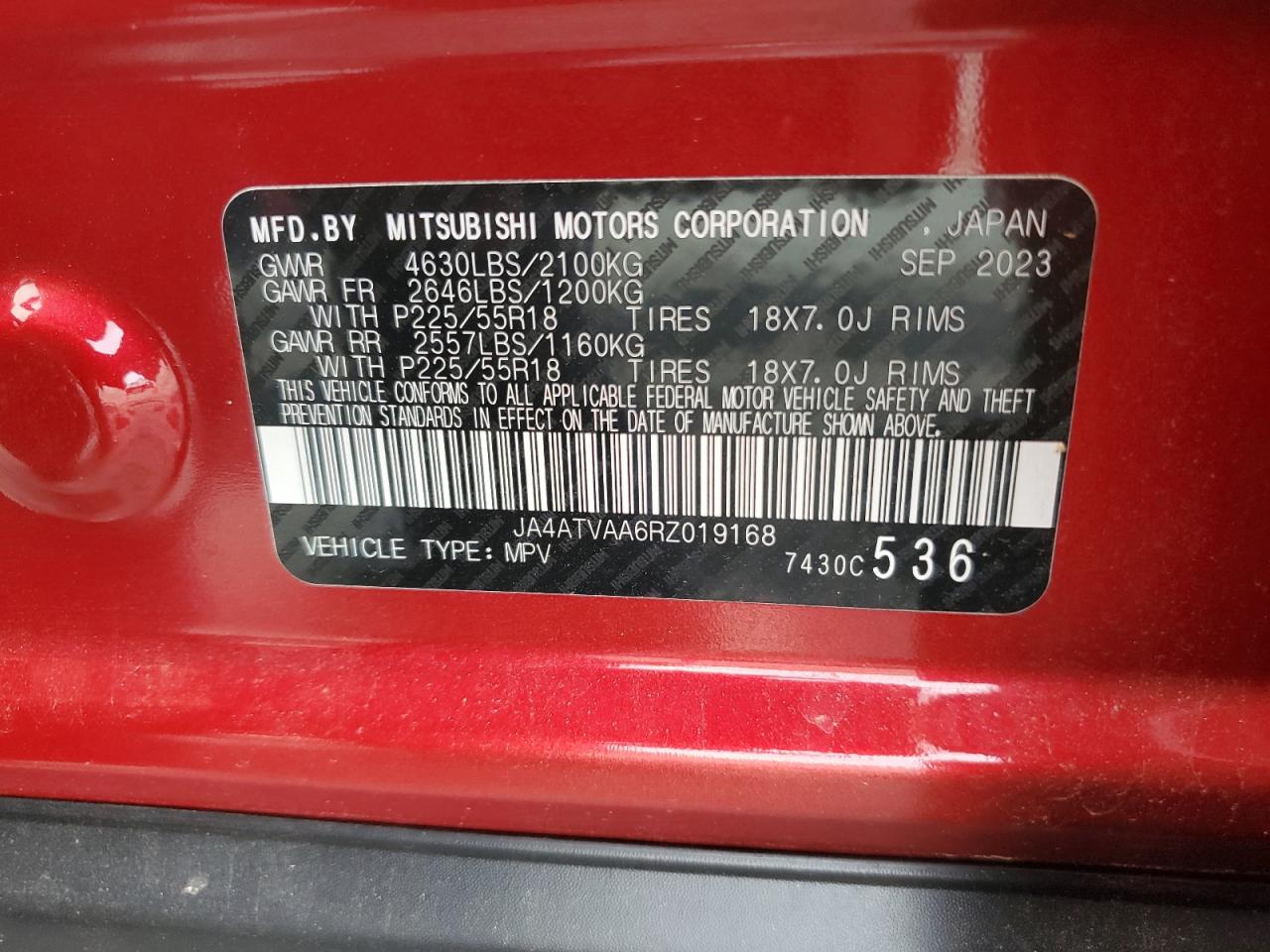 2024 Mitsubishi Eclipse Cross Le VIN: JA4ATVAA6RZ019168 Lot: 60721295