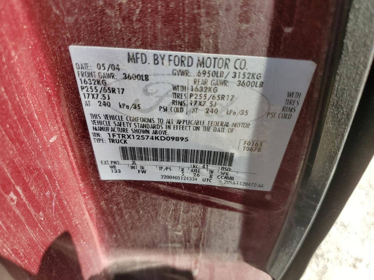 2004 Ford F150 VIN: 1FTRX12574KD09895 Lot: 60312275