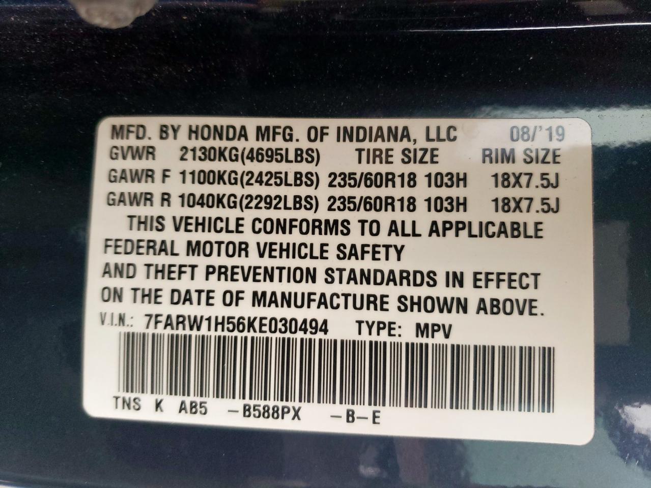 7FARW1H56KE030494 HONDA CRV 2019