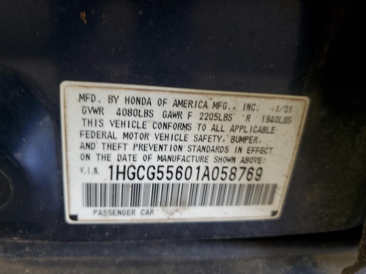 2001 Honda Accord Ex VIN: 1HGCG55601A058769 Lot: 61914545